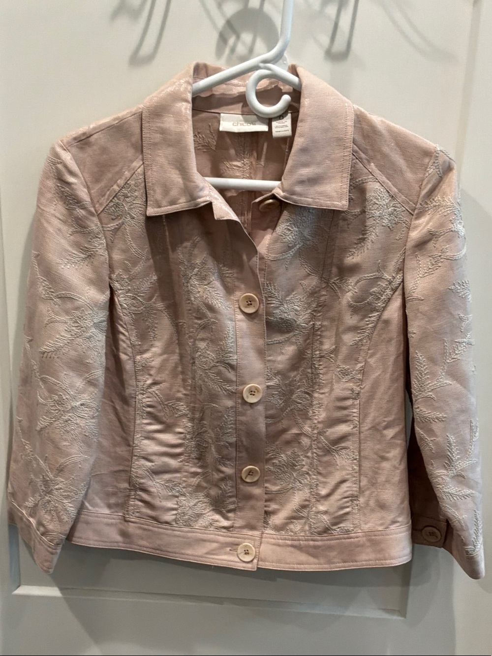 Chico's 0 Small Light Pink Embroidered Button-Front 55% Linen Jacket
